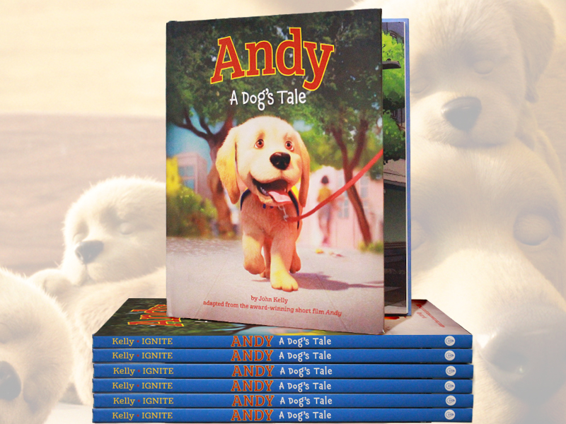 Stack of books titled "Andy: A Dog's Tale" by John Kelly, featuring a cover illustration of a happy cartoon dog on a leash.